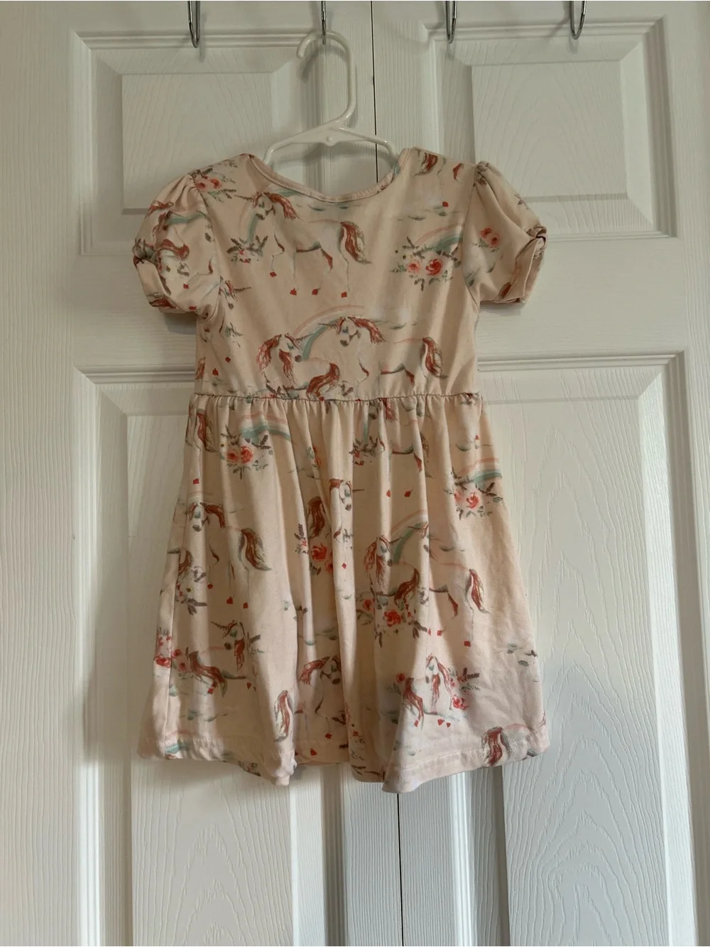Girls' Cream Unicorn Print Short Sleeve Everyday Dress